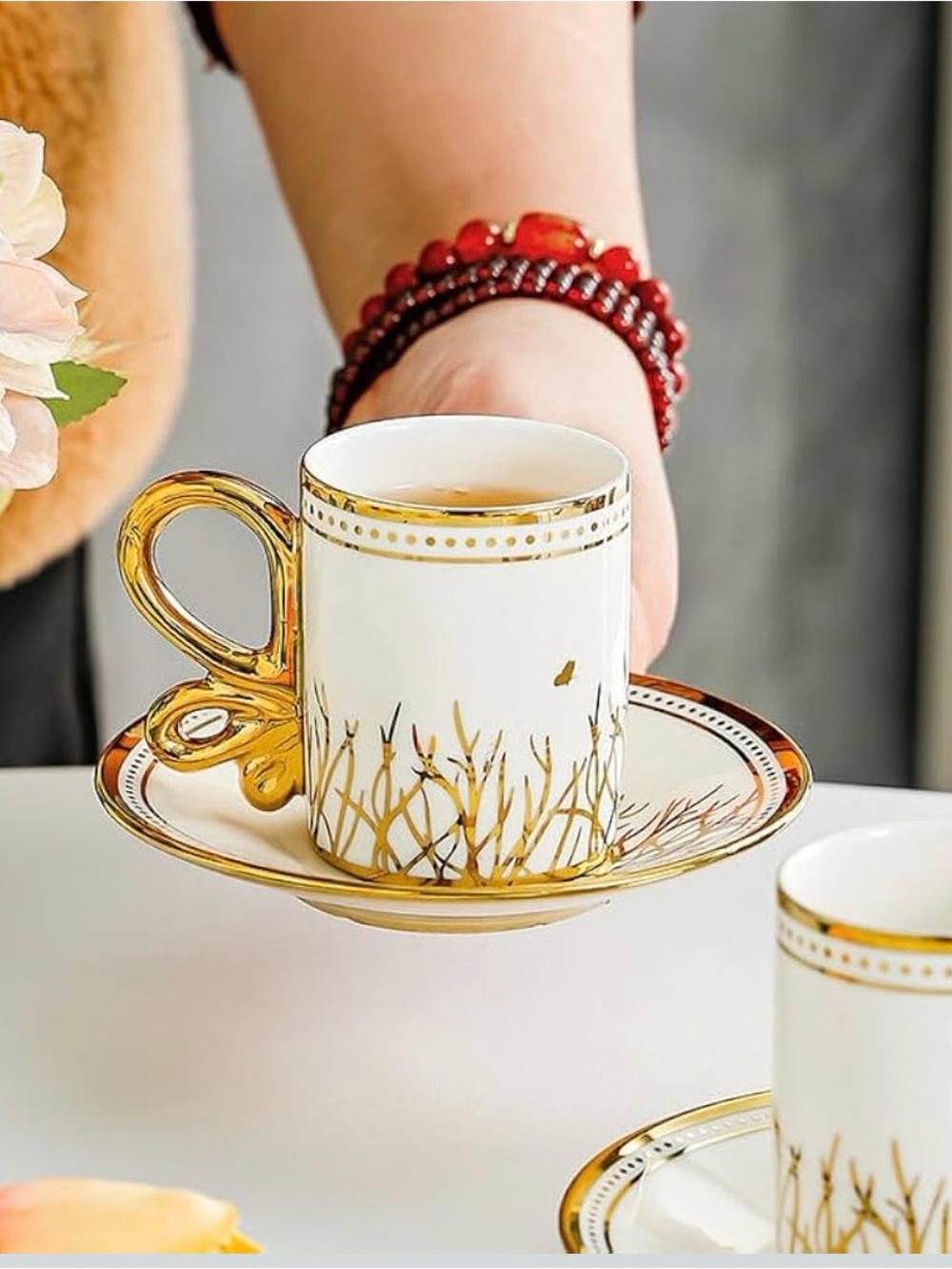 Turkish Elegant White and Gold Porcelain Coffee Cup Set - Picture 3 of 14